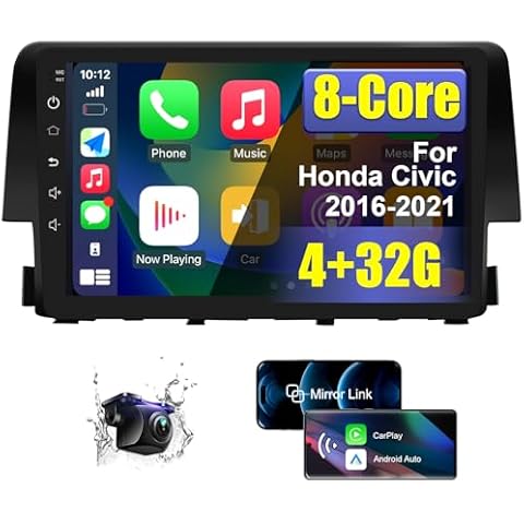 4+32G 8 Core Android Car Radio Stereo for Honda Civic 2016 2017 2018 2019 2020 2021 with Wireless CarPlay/Android Auto, 9 Inch HD Touchscreen Car Radio with AM/FM/RDS Backup Camera WiFi Cover