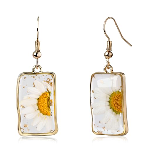 Dainty Pressed Daisy Earrings for Women 14K Gold Plated Resin Flower Dangle Earrings Handmade Statement Rectangle Dry Flower Jewelry