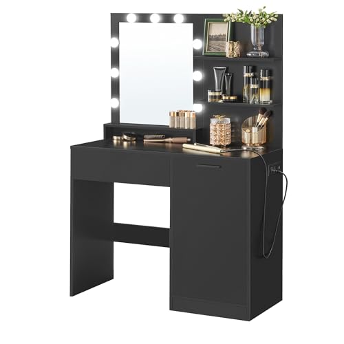 VASAGLE 35.4-Inch Vanity Desk with Mirror and Lights, Power Outlets by VASAGLE - Used condition - US$112.83