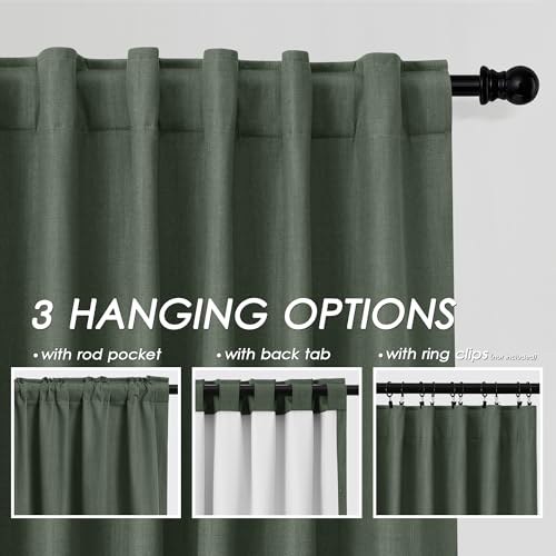Image of Olive Green 100% Blackout Linen Curtains 63 Inch Length for Bedroom Back Tab Thermal Insulated Modern Farmhouse Decor Black Out Curtain for Living Room Dining Room Rod Pocket Drapes 52x63, 2 Panels