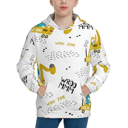 Dinosaur on Excavator Kids Pullover Hoodies Boys Sweatshirts Girls Athletic Clothes with Pocket