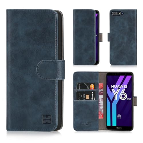 32nd Essential Series - Funda con Tapa de Cuero, Funda y Tapa para Huawei Y6 (2018), diseño con Ranura para Tarjeta y Cierre magnético - Azul Marino