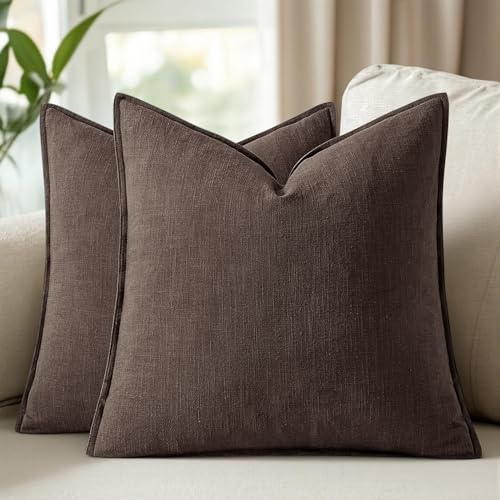 Image of Decorative Linen Solid Throw Pillow Covers 20x20 Inch Set of 2 Reddish Brown Boho Accent Farmhouse Pillows Modern Neutral Home Decor for Couch Sofa Living Room Bed