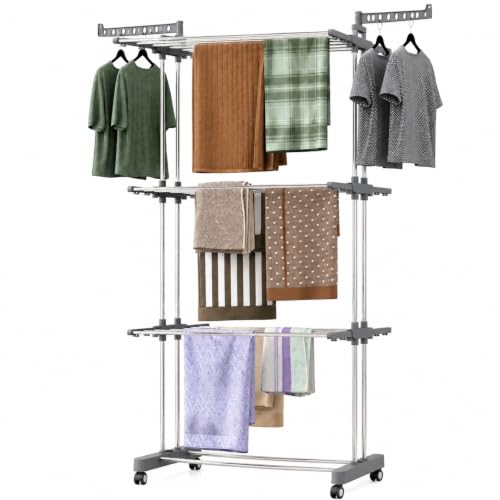 Image of TEKCOOL Foldable Cloth Drying Stand Stainless Steel - 3 Tier Heavy-Duty Clothes Dryer for Balcony, Indoor & Outdoor Use | with Wheels & Hanger Slots | Rust-Proof Laundry Rack (Grey, 3 TIRE)?.