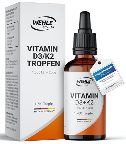 Vitamin D3 K2 Tropfen Hochdosiert [1000 IE] - Vit D3 K2 Hochdosiert - Vitamin D3 K2 1000 IE - 50ml 1700 Tropfen - LABORGEPRÜFT Wehle Sports® - Verpackung kann variieren