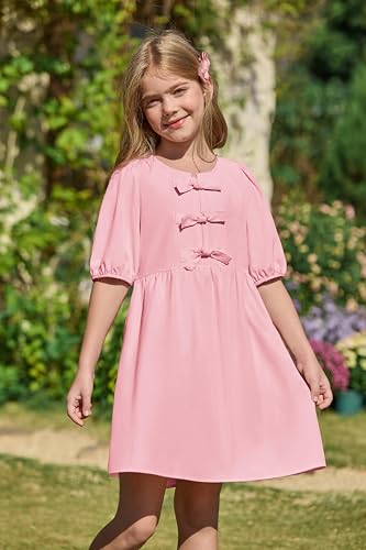 Yousify Girls Summer Dresses Cute Toddler Puff Short Sleeve Dresses A-Lined Flowy Trendy Bow tie Mini Dress Kids Outfits4