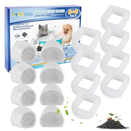 MyfatBOSS Pack von 8 Ersatz-Kohlefiltern für PetSafe Drinkwell, 8 Stück Schaumfilter für Drinkwell Keramik, Pagoda, 2 Gallonen, Sedona und Seascape Trinkbrunnen für Hunde und Katzen, Aktiv
