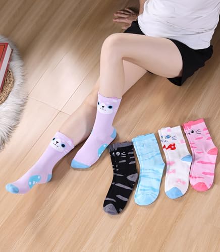 Image of SDBING Womens Cat Socks Cute Gifts Animal Soft Breathable Thin Cotton Casual Crew Socks 5 Pairs