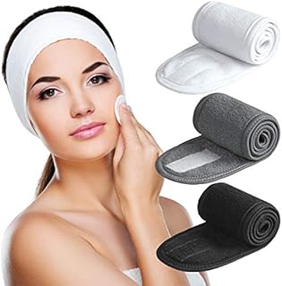 Spa Headband - Denfany 3 Pack Ultra Soft Adjustable Face Wash Headband Terry Cloth Stretch Make Up Wrap for Face Washing, Shower, Facial Mask, Yoga (Black + White + Gray)