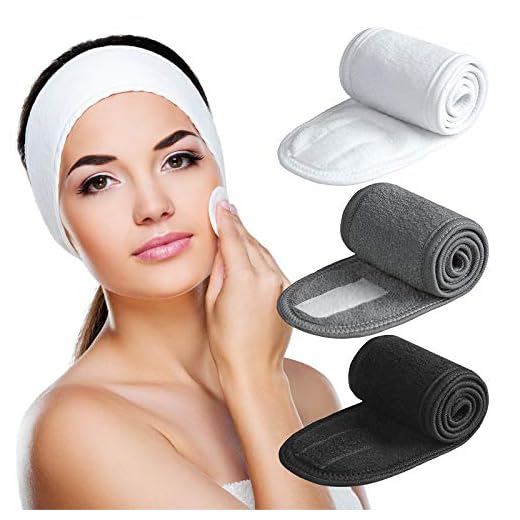 Denfany Spa Headband 3 Pack Ultra Soft Adjustable Face Wash Headband Terry Cloth Stretch Make Up Wrap for Face Washing, Shower, Facial Mask, Yoga (Black + White + Grey)
