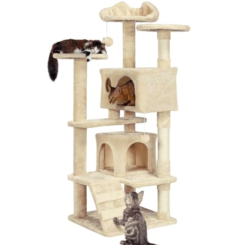 Uevmo キャットタワー 据え置き 猫タワー 高さ 安定性 おもちゃ 天然麻紐 爪とぎポール 柔らかな 猫部屋つ付きフランネル仕上げ (豪華猫別荘-グレーです)