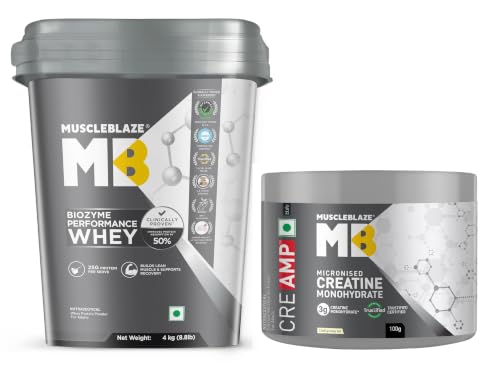 Image of MuscleBlaze Biozyme Performance Whey Protein Powder, Chocolate Hazelnut (4kg / 8.8lbs) & Micronised Creatine Monohydrate CreAMP, Unflavoured (32 Servings, 100g) | Combo Pack