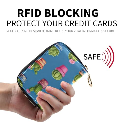 9 Credit Card Slots & 2 Cash Slots Small Women's Wallet Leather Coin Purse Pouch with Zipper Colorful Cacti Succulents Flowers Blue2