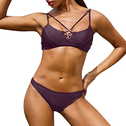Maillot de bain short femme ensemble bikini violet uni tankini dos nu S