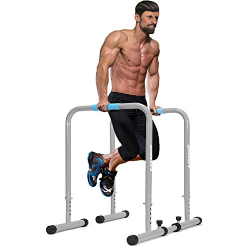 KOMSURF Dip Bar Training Station â€“ Dip Station Upgraded Heavy Duty Dip Bars with Adjustable Safety Connector, Strength Training Parallel Bars for Home Exercise,550Lbs Weight Capacity, Silver