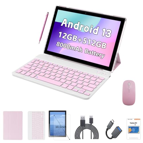 Crelander Tablet Android 13 de 10.1 pulgadas con ranura para tarjeta SIM 4G LTE llamadas, 12 GB + 512 GB, batería de 8000 mAh, cámara dual, Bluetooth/WiFi, paquete con funda, teclado, mouse y lápiz