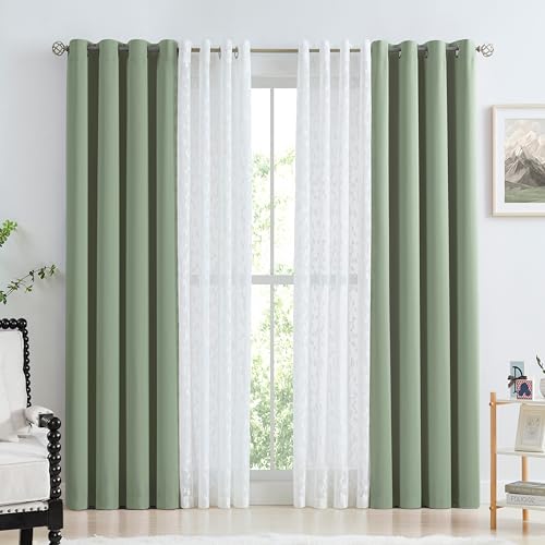 Image of Mix Matched Green Full Blackout & Sheer Leaf Lace Curtains 52 inchWx84L 5Panels
