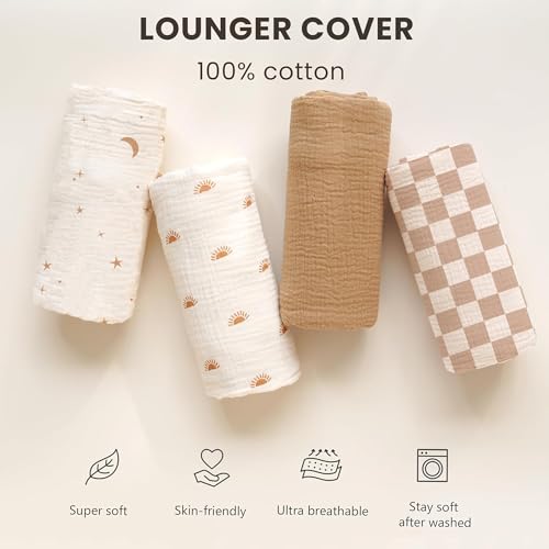 Image of Konssy Muslin Baby Lounger Cover 2 Pack, 100% Cotton Newborn Lounger Cover, Soft and Breathable Lounger Slipcover for Boys Girls, Covers Only (Coffee Check,Moon)