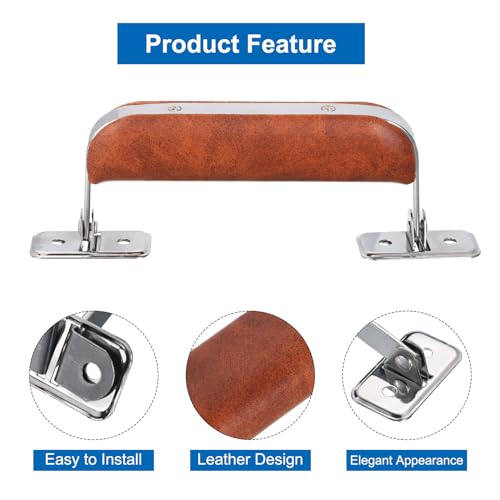 Image of uxcell 2Pcs Brown Leather, Metal Luggage Handle, Vintage Suitcase Replacement Strap, Pull Handle for Trunk Handbag Briefcase Speaker Box
