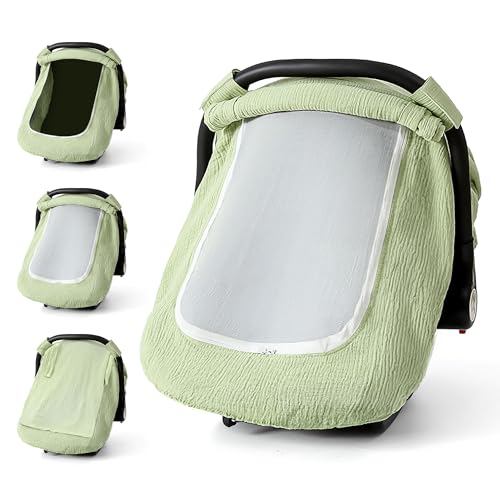 Image of Muslin Cotton Car Seat Cover Baby, Universal Fit Carseat Cover for Baby, Infant Car Seat Cover with Mesh Peep Window, Baby Car Seat Cover for Carrier, Stroller, High Chair, Shopping Cart (Green)