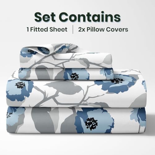 Image of LORETO - A QUALITY LINEN BRAND 186 TC 100% Pure Cotton Double /Queen Fitted Bedsheet with 2 Pillow Covers for 78 x 60 Inch Mattress, All-Around Elastic, 8 Inch Deep Pocket, Blue & Grey Bloom Harmony