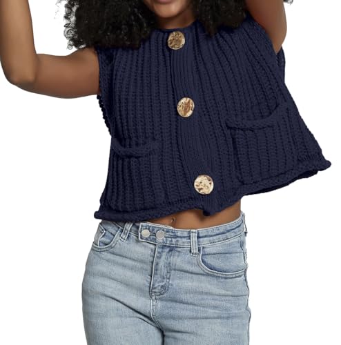 Image of Women's Sleeveless Crochet Cardigan Vest Casual Fashion Button Down Open Front Sweater Vest with Pockets