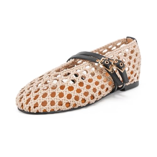Image of Women's Woven Mary Jane Flats - Mesh Ballet Flats with Adjustable Double Metal Buckle Strap and Round Toe