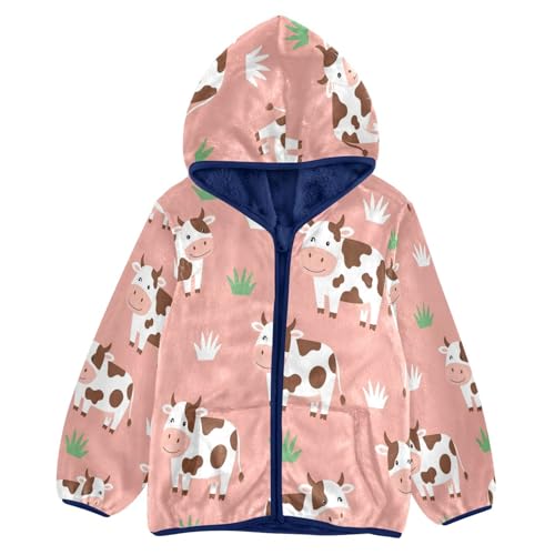 Cows on Pink Background Pattern Toddler Fleece Jacket Girl Boys Hooded Fleece Jacket Coat Warm Outwear Zip-up 3-10T