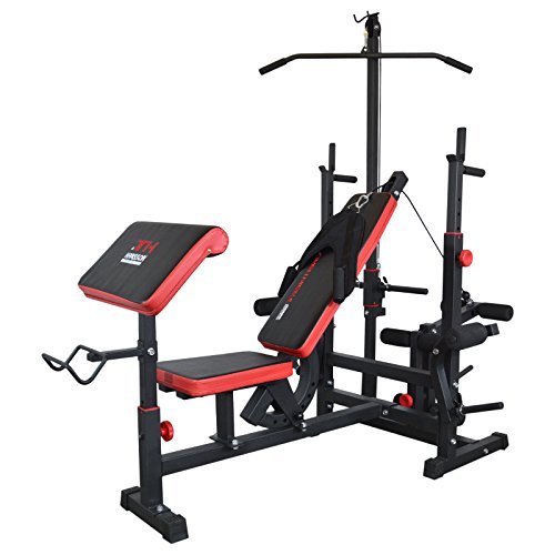 Train Hard Multifunktion Hantelbank Kraftstation inkl. Latzug, Bauchtrainer, Armcurl und Beincurl mit Hantelset aus Langhantel, Curlhantel und Stange Gewichten 50kg bis 160kg