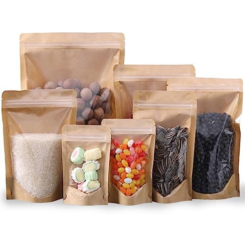 HIBCIGA 100 Pack Kraft Resealable Bags with Clear Front Stand Up Brown Kraft Bags with Window Transparent Bulk Pouches Ziplock Paper Bags 4.7