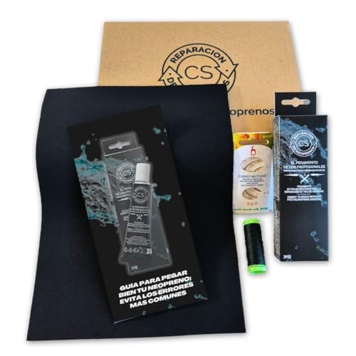 Kit reparación Neopreno Completo | Incluye Pegamento Profesional 30 g, Aguja Curva, Hilo Resistente y Parche Neopreno 5 mm 28×20 cm | Repara Trajes de Buceo, Surf, barrancos | Guía y Asesoramiento QR