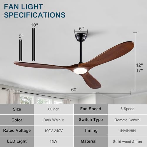 XBIBI 60 inch Wood Ceiling Fans with Lights and Remote,6 Speed Reversible DC Motor Indoor Outdoor Ceiling Fan for Patio,Living Room,Bedroom Black High Air Volume by XBIBI - Used condition - Image 2