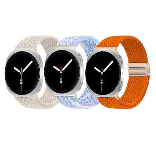 Image of 3 Pack Magnetic Braided Band for Samsung Galaxy Watch 9 8 40mm 44mm, Galaxy Watch8 Classic 46mm, One Click No Gap Elastic Stretchy Nylon Fabric Sport Strap for Women Men (Star Light /Violet /Orange)