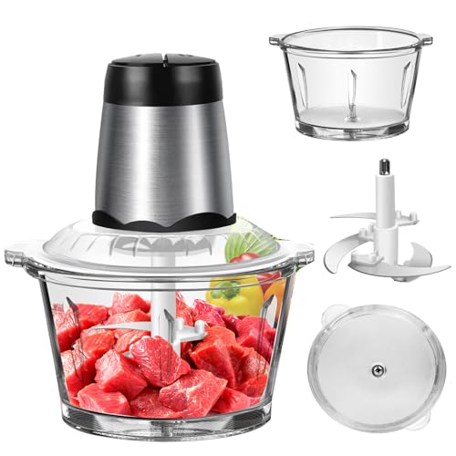 Electric Meat Grinder, 300 Watt Electric Food Processor for Kitchen, Meat Grinder 2L Glass Bowl with 4 Durable Blades, 2 Speed Adjustable Meat Mincer for Chopping Meat, Baby Food, Fruit, Vegetables