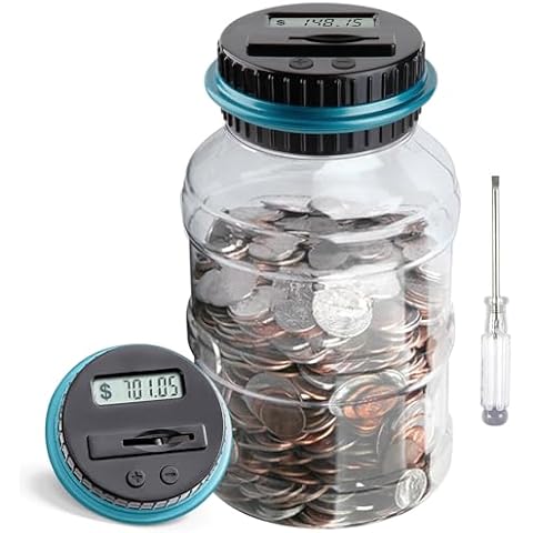 Large Piggy Bank for Boys Adults, Vcertcpl Digital Coin Counting Bank with LCD Counter, 1.8L Capacity Coin Bank Money Jar for Adults, Designed for All US Coins (Blue) Cover