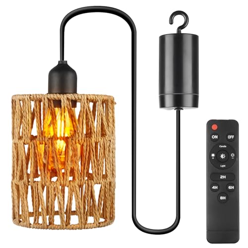 Lámpara colgante con batería, lámpara colgante con mando a distancia, lámpara colgante sin conexión de alimentación, lámpara de ratán, lámpara bohemia para patio, jardín, salón, dormitorio