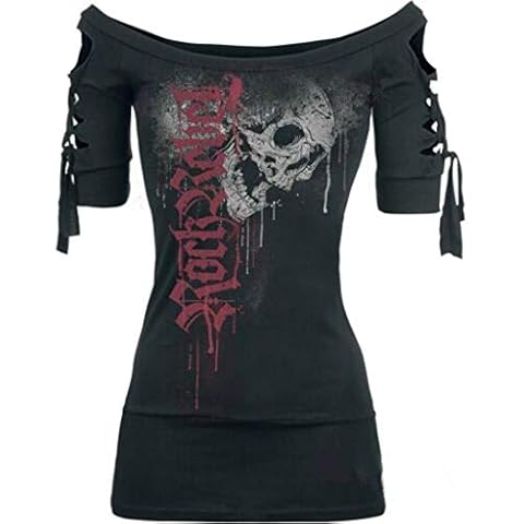 Skull Shirt Women's 3/4 Sleeve Off Shoulder Short Sleeve Summer Skull Pullover Rockcool Gothic T-Shirt with Skull Print Short Sleeve Sweatshirt Tops Blouse Print Shirt - Black - XXXXXL Cover