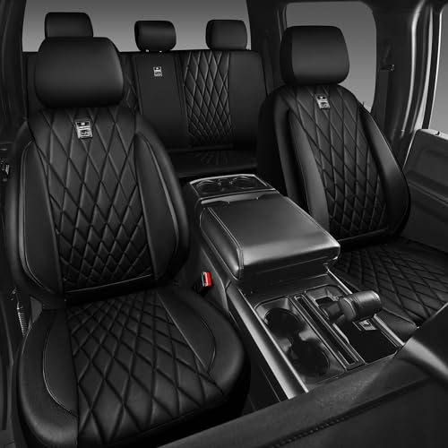 Image of CAR PASS 5 Seats Piping Luxury Faux Leather Seat Covers Full Set, Anti-Slip Waterproof Seat Covers Compatible with Front Armrests, Universal Fit for Suvs,Vans,Trucks,Airbag Compatible, Pure Black