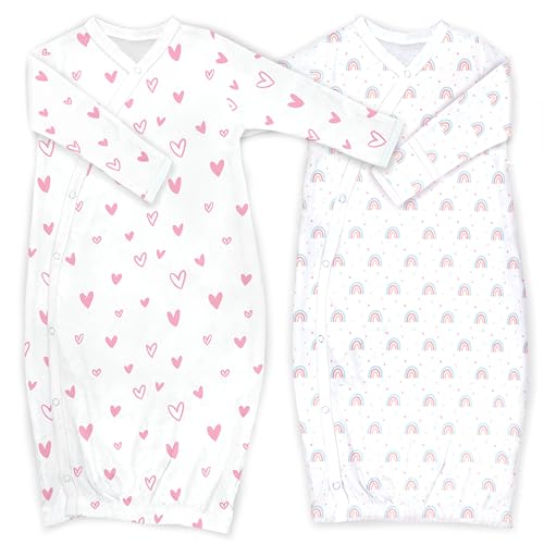 Image of Cambria Baby 100% Organic Kimono Gowns. Side Snaps with Built in Mitts. (Hearts and Rainbows, 0-6 Months)