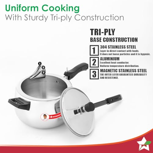 Image of Wonderchef Nigella Triply Stainless Steel Pressure Cooker 2L, Inner Lid, Gas, Induction Compatible & Ceramic Cooktop, ISI Certified, Contour Collection, Uniform Heating, 5-Year Warranty