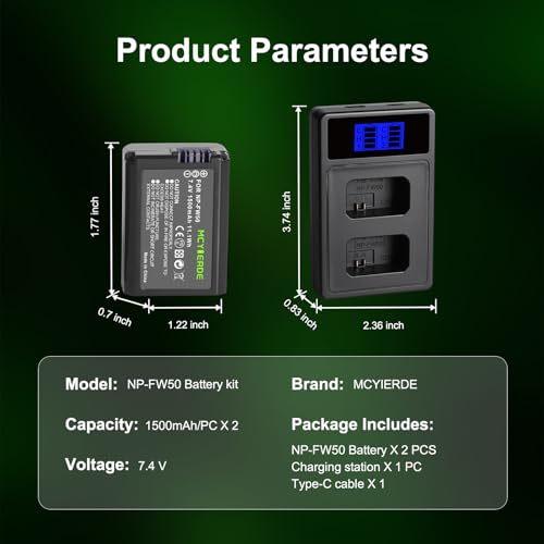 Image of 2 Pack NP-FW50 Battery with Dual Slot Charger for Sony A7 A7II A7RII A7SII A7S A7R A7R2 ZV-E10 A6500 A6400 A6300 A6000 NEX-3 NEX-5
