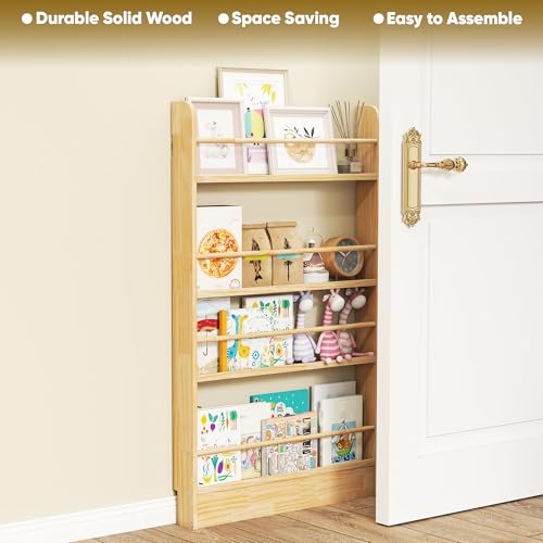 Image of 4 Tier Behind The Door Bookshelf, Space Saving Behind The Door Bookcase Wooden Kids Book Shelf for Bedroom Living Room Study White (120 * 70-Wood)