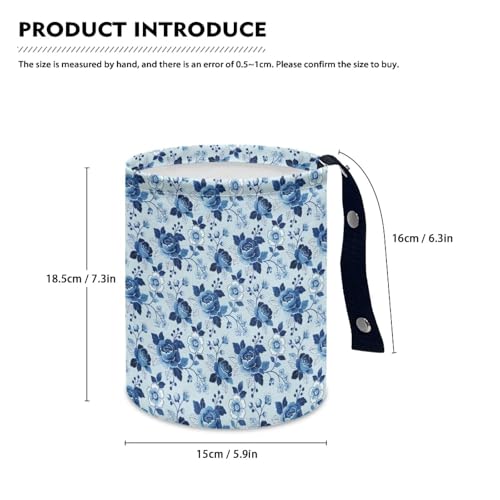 Image of Blue Roses Car Rubbish Bin Portable Waste Basket Can Foldable Auto Waste Storasge Bag Holder with Adjustable Strap for Camping, Travelling, Picnic