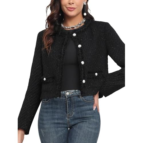 M.Infisavo Tweed Blazer Jackets for Womens with Pockets, Cropped Long Sleeve Open Front Collarless Elegant Casual Cardigan