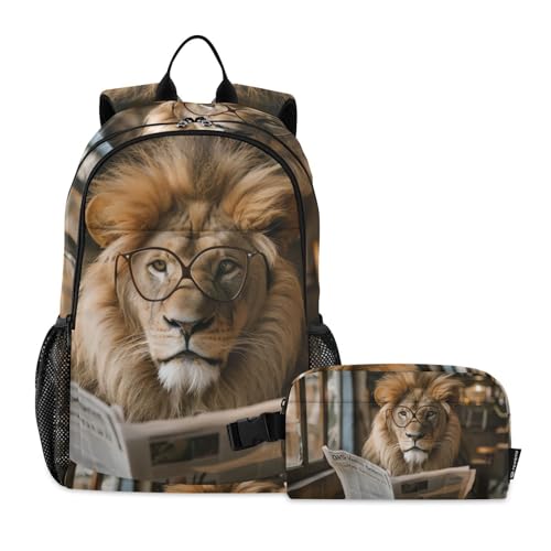 Backpack Lunch Bag Set for Travel Hiking Picnic, Lion Reading Newspaper Print Backpacks with Insulated Lunch Box