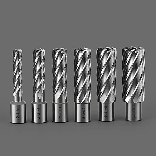 Annular Cutters Set 6pcs JESTUOUS 3/4 Inch Weldon Shank 2 Cutting Depth 7/16 to 1-1/16 Cutting Diameter HSS Slugger Bits for Magnetic Drill Press with 2 Pilot Pins by JESTUOUS - Image 4