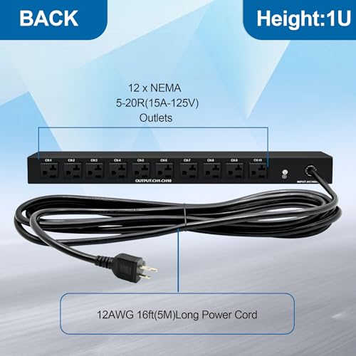 Image of 1U Horizontal PDU 19 inch Rack Mount Power Strip | Surge Protector for Network Servers, 12 NEMA 5-15R Outlet, 120V 20A, 3600 Joules 10KA, Heavy-Duty 12 AWG 16 ft Cord