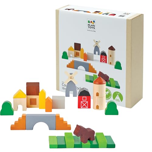 PlanToys® Country Blocks Wooden Montessori Building and Imaginative Play Set