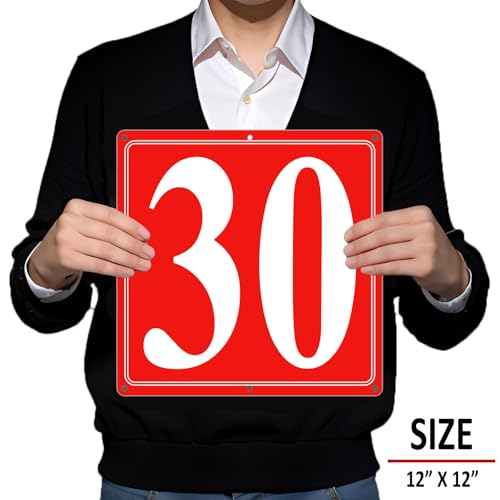 Image of Premium Aluminum Number Signs 30, Metal 12 inch X 12 inch Red Numbered Signs Outdoor for Parking Lots, Floor, Dock, Court, Aisle, Field, High Visibility, No Fade, Weather-resistant