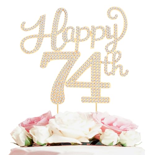 LASKYER Happy 74th Birthday Decorations,74th Birthday Gold Rhinestone Cake Topper - Cheers to 74 Years Old Bday Party Metal Sparkly Cake Centerpieces Sign.